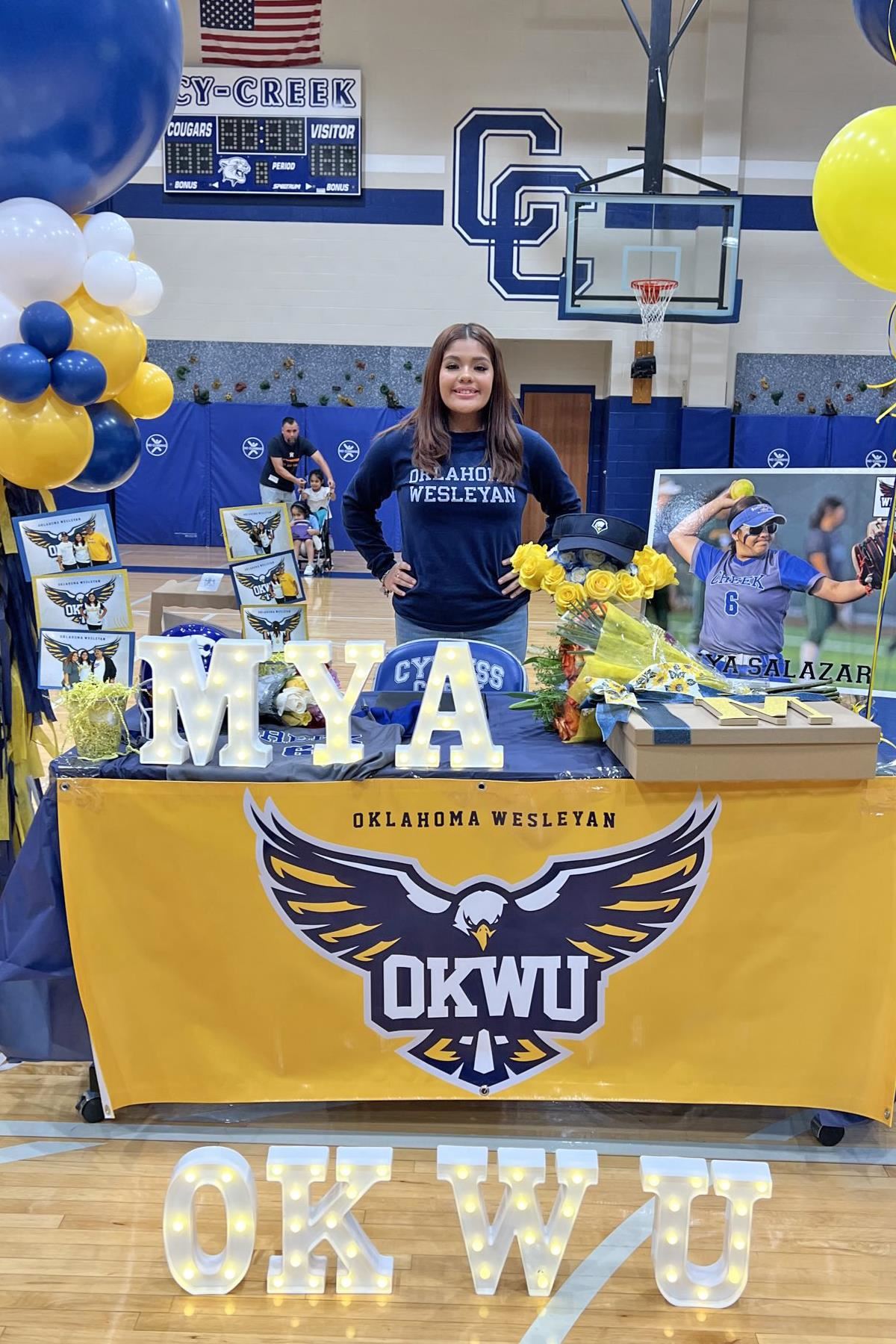 Cypress Creek High School senior Mya Salazar signed a letter of intent to play softball at Oklahoma Wesleyan University.
